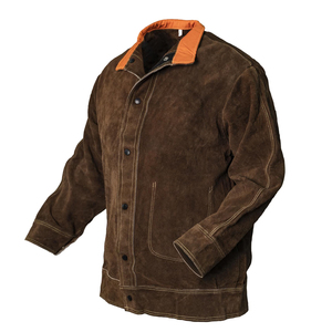 Custom Brown Split Leather <b>Welding</b> Jacket Heavy Duty Industrial Work Wear Coat Long Sleeve with Orange Collar OEM ODM Service - Product Image 1