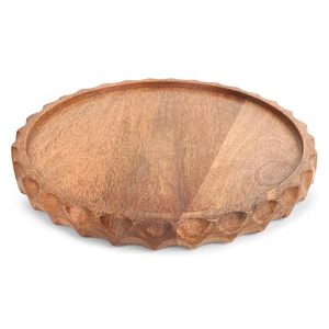 Plateau de service décoratif en bois scandinave à motif végétal, bord festonné rond, plateau de présentation pour salon, table à manger - Product Image 2