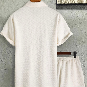 New Summer Polo Shirt and Shorts <b>Set</b> Two Piece Casual Fashion Textured 100% Polyester Quick Dry Street Style Outfit - Product Image 2