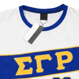 Camiseta blanca de jersey Sigma Gamma Rho SGRho 22, ropa griega premium azul y dorada, camiseta unisex para mujer - Product Image 3