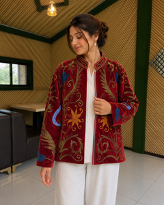Handmade Knitted <b>Velvet</b> Embroidery Bomber <b>Jacket</b> <b>Women</b> | Premium Floral Winter <b>Jacket</b> | Breathable Cotton Outerwear Stand - Product Image 1