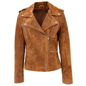 Chaqueta de motorista de cuero de ante marrón para mujer, estilo de motocicleta, con cremallera lateral - Product Image 1