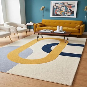 Tapis en laine tufté à la main de luxe, tapis moderne abstrait, tapis douillet, tapis doux pour salon et chambre, bleu, moutarde, crème, décoration nordique - Product Image 1