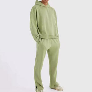 Ensemble sweat à capuche et jogging pour homme, couleur unie, polaire, coupe oversize, décontracté, pour l'automne, vert clair, deux pièces - Product Image 1