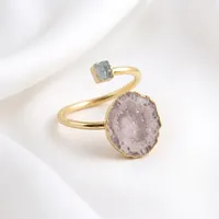 Bague ajustable en laiton plaqué or 18 carats, vente en gros, minimaliste, faite à la main, style bohème, avec géode grise naturelle et druse, bague tendance
