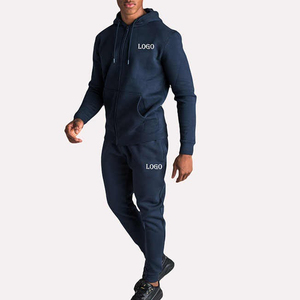Conjunto Deportivo de 2 Piezas para Hombre, Color Azul Marino, Sudadera con Capucha y Cierre Completo, Pantalones Deportivos, Color Sólido, Ropa Casual con Logotipo Frontal - Product Image 1