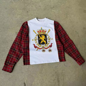 Vintage Custom <b>Patchwork</b> Oversized Boxy Fit Heavyweight 100% Cotton Graphic DTG Printing Flannel Long Sleeve T-<b>Shirt</b> for Men's - Product Image 6