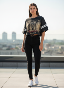 T-shirt personnalisé pour homme, avec motifs graphiques, en tissu épais, orné de strass, coupe courte, oversize, effet délavé, style streetwear vintage, coupe carrée et effet usé - Product Image 6