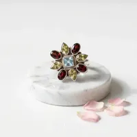 Bague Statement en Argent Sterling 925 avec Pierres Précieuses Multicolores, Design Floral Fait Main, Grenat, Citrine, Topaze Bleue, Vente en Gros de Bijoux