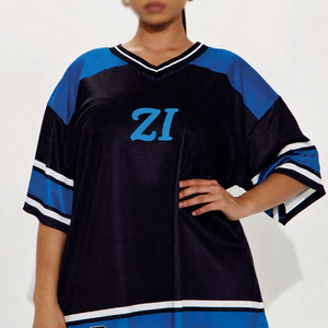 Camiseta deportiva de fútbol americano de primera calidad, personalizada, negra y azul, para mujer, estilo urbano, OEM, ODM, marca privada. - Product Image 6