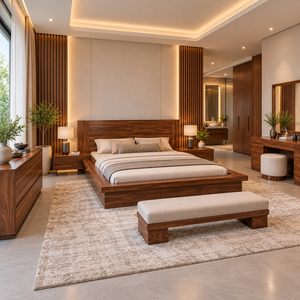 Hotel Guestroom Solid Teak <b>Wood</b> Low Profile Taverno <b>Platform</b> <b>Bed</b> with Slatted Support and Built In Side Tables Wholesale Supply - Product Image 5