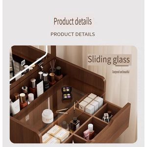 Walnut 3-in-1 Compact Makeup Vanity Desk 48cm Flip Top <b>Mirror</b> with Visible Glass Desktop <b>Small</b> Visible Makeup Vanity Set - Product Image 2