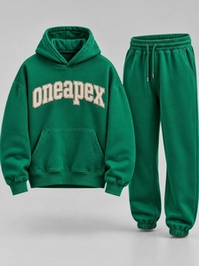 Ensemble survêtement homme vert oversize avec sweat à capuche et pantalon de jogging en coton épais, style streetwear, personnalisable avec marque privée - Product Image 3