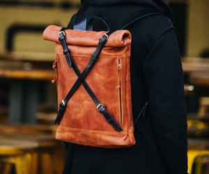 Sleek <b>Black</b> Leather Roll Top <b>Backpack</b> Modern Urban Rucksack For <b>Men</b> Fashionable City Laptop Bag LRTB-0173 - Product Image 2