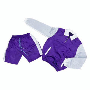 Conjunto Deportivo Unisex Morado y Blanco con Bloques de Color, Chaqueta de Manga Larga con Cierre de Cremallera, Pantalones Cortos, Secado Rápido, Estilo Deportivo, Ropa de Verano para Adultos - Product Image 1