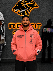 Men's Coral Hooded <b>Zipper</b> <b>Sweatshirt</b> Oversized Knitted Regular Sleeve Front Logo Print Streetwear Autumn Wear - Product Image 1
