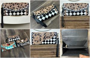 Portefeuille en cuir de vache artisanal pour femme, longue pochette et pochette à poignet à motif floral noir et blanc, portefeuille de luxe personnalisé - Product Image 3
