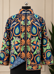 Manteaux ethniques de boutique pour femme, bleu marine, motif cachemire, col montant, cousus main, style Jaipuri, séchage rapide, style bohème artistique, multi-saisons, collection héritage - Product Image 4