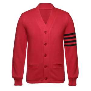 Cardigans à col en V rouges personnalisés avec logo, manches longues, couleur unie, tricot acrylique, fermeture boutonnée, vêtements décontractés d'automne - Product Image 1