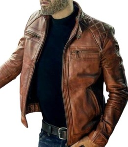 Men Brown Designer Genuine Leather <b>Biker</b> <b>Jacket</b> Motorcycle <b>Jacket</b> - Product Image 3