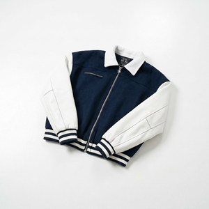 Navy Wool Body Varsity <b>Jacket</b> with <b>White</b> Leather Sleeves | Classic Letterman Bomber | OEM Custom Private Label - Product Image 1