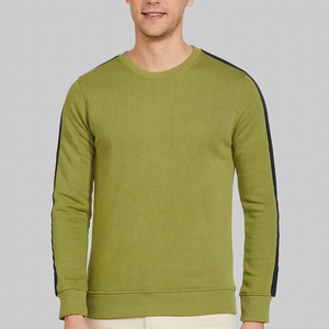 Men's Olive Green Crew Neck Pullover <b>Sweatshirt</b> With <b>Navy</b> Side Stripe Regular Fit Casual Knitted Sweater Autumn Wear - Product Image 4