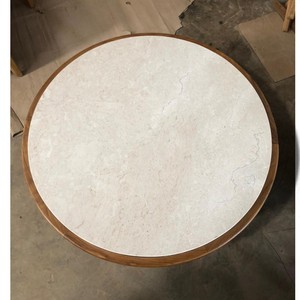 Round Travertine Side <b>Table</b> Solid Teak Wood Base Honed Stone <b>Coffee</b> <b>Table</b> for Modern Hotel Living Room and Luxury Resort Lounge - Product Image 6