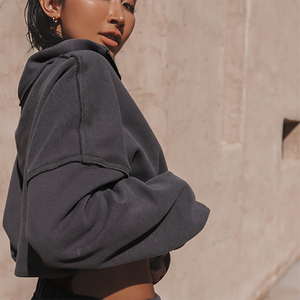 Sudadera Corta Oversize para Mujer, Cuello Alto, Hombros Caídos, Color Sólido, Tejido de Algodón, Ropa de Otoño, Manga Larga, Transpirable - Product Image 3
