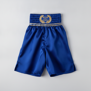 Shorts de boxe bleus pour hommes, coupe classique, broderie à la main, logo doré sur le devant, vêtements d'arts martiaux, taille adulte, polyester - Product Image 1