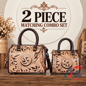 Ensemble de 2 sacs à main assortis en cuir véritable fait main, design floral vintage, fermeture éclair, sacs de voyage pour femmes, sacs bandoulière - Product Image 1