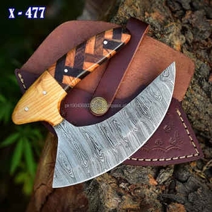 Cuchillo para Pizza Multiusos de Acero Inoxidable Damasco Tradicional de Espiga Completa, Ecológico, Plateado, con Funda de Cuero, Herramienta Utilitaria - Product Image 3