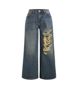 ODM/OEM, pantalones vaqueros informales cómodos personalizados para mujer, ropa de calle transpirable con lágrimas lavadas que se desvanecen, MOQ bajo aceptado para el verano - Product Image 1