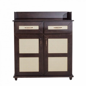 Dark Wood <b>Cabinet</b> with Drawers Elegant Rattan Panel Design Spacious Storage Durable Finish Ideal for Living and Dining Room - Product Image 1