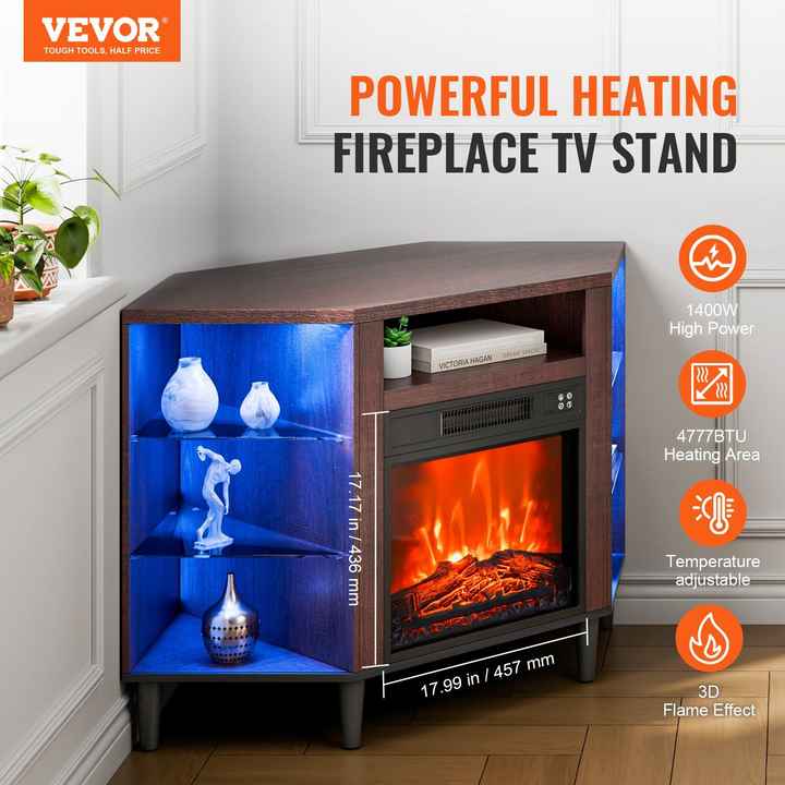 Pastoral Brown 18\" Fireplace TV Stand 20 LED Lights Remote Control Timer Corner Media Storage Storage Drawers Cabinets for TVs