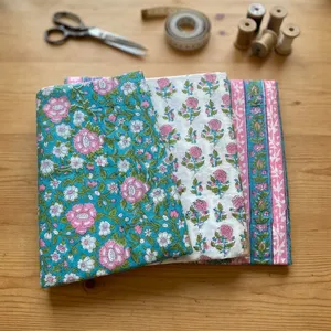 Elegant Blue Pink Floral Printed Cotton Fabric <b>Set</b> for Dresses Quilting <b>Sewing</b> Crafts and Beautiful Home Decor Projects Uses - Product Image 3