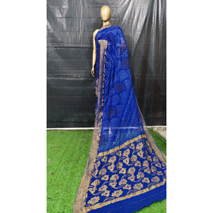 Sari de luxe en crêpe de soie pur, motif dessiné à la main, sans plis, tenue de soirée de créateur avec chemisier, vêtement traditionnel indien - Product Image 1