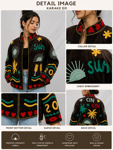 Black Embroidered Vacation <b>Jacket</b> With Sun Palm Tree And Cocktail Motif <b>Mandarin</b> <b>Collar</b> Full Sleeve Zipper Closure Summer Style - Product Image 3