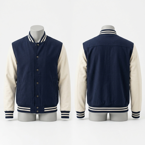 ZAINI Heavyweight 380 GSM Cotton Polyester Windproof Stand Collar High Street Varsity <b>Jacket</b> Navy Body <b>White</b> Sleeves Custom - Product Image 1