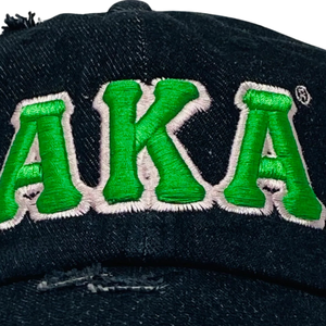 AKA Black Distressed Denim Hat Green Embroidered Letter Baseball <b>Cap</b> Washed Denim Headwear Adjustable Casual Fashion <b>Vintage</b> - Product Image 6