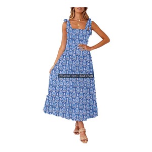 Hermoso Vestido de Algodón Hecho a Mano para Mujer con Tirantes Finos, Ligero, con Estampado de Bloques, Túnica India Elegante y Holgada para Verano, Natural - Product Image 5