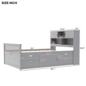 Full-Size Gray Captain Platform Bed Frame with Storage <b>Bookcases</b> & Shelves 4 Drawers-<b>Wooden</b> Beds - Product Image 5
