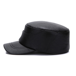 Unisex PU Leather <b>Flat</b> Cap 5-Panel Fitted Solid Black Formal Baseball <b>Hat</b> for Adults Casual Wear Four Seasons - Product Image 1