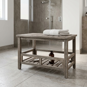 Tabouret en teck léger fait main Ananta avec assise à lattes, banc rustique moderne, meuble portable pour salle de bain et salon, vente en gros - Product Image 3