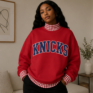 Custom College Team Game Day <b>Jumper</b> Pink Gingham Trim Mock Neck Pullover Sweatshirt Heavyweight <b>Fleece</b> Arched Varsity Letter - Product Image 1