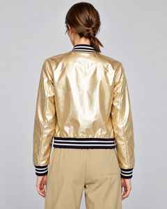 Blouson bomber doré métallisé pour femme, manches longues, fermeture éclair sur le devant, broderie du logo, col rabattu, style décontracté d'automne - Product Image 2