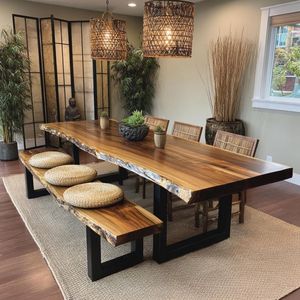 Suar Slab Wood <b>Dining</b> <b>Table</b> <b>Set</b> With <b>Bench</b> And Chairs Rustic Modern Design For Home <b>Dining</b> Room Furniture - Product Image 1