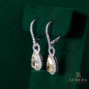 Premium Fancy Yellow Pear Lab Grown <b>Diamond</b> <b>Dangle</b> <b>Earrings</b>, Teardrop Halo Cluster With Pave And Secure With Prongs Jewelry - Product Image 2