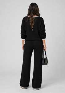 Ensemble de survêtement en tricot noir pour femmes, col en V, haut à manches longues, pantalon large, tenue décontractée - Product Image 2
