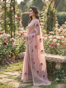 Pink Premium Gabana Silk Floor-Length Loose Fit Saree Set with <b>Net</b> <b>Dupatta</b> Floral Blouse Wedding Party Traditional Indian Wear - Product Image 1
