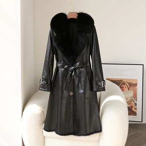 Parka longue tendance en cuir véritable écologique avec col en fourrure de renard et ceinture, manteau d'hiver pour femme de haute qualité - Product Image 4